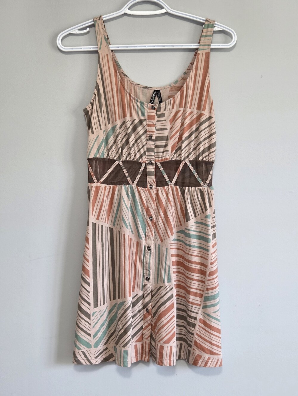 ​Gentle Fawn Earthy Colours Geometric Mesh Cut-Out Mini Dress Sz XS Boho Desert
